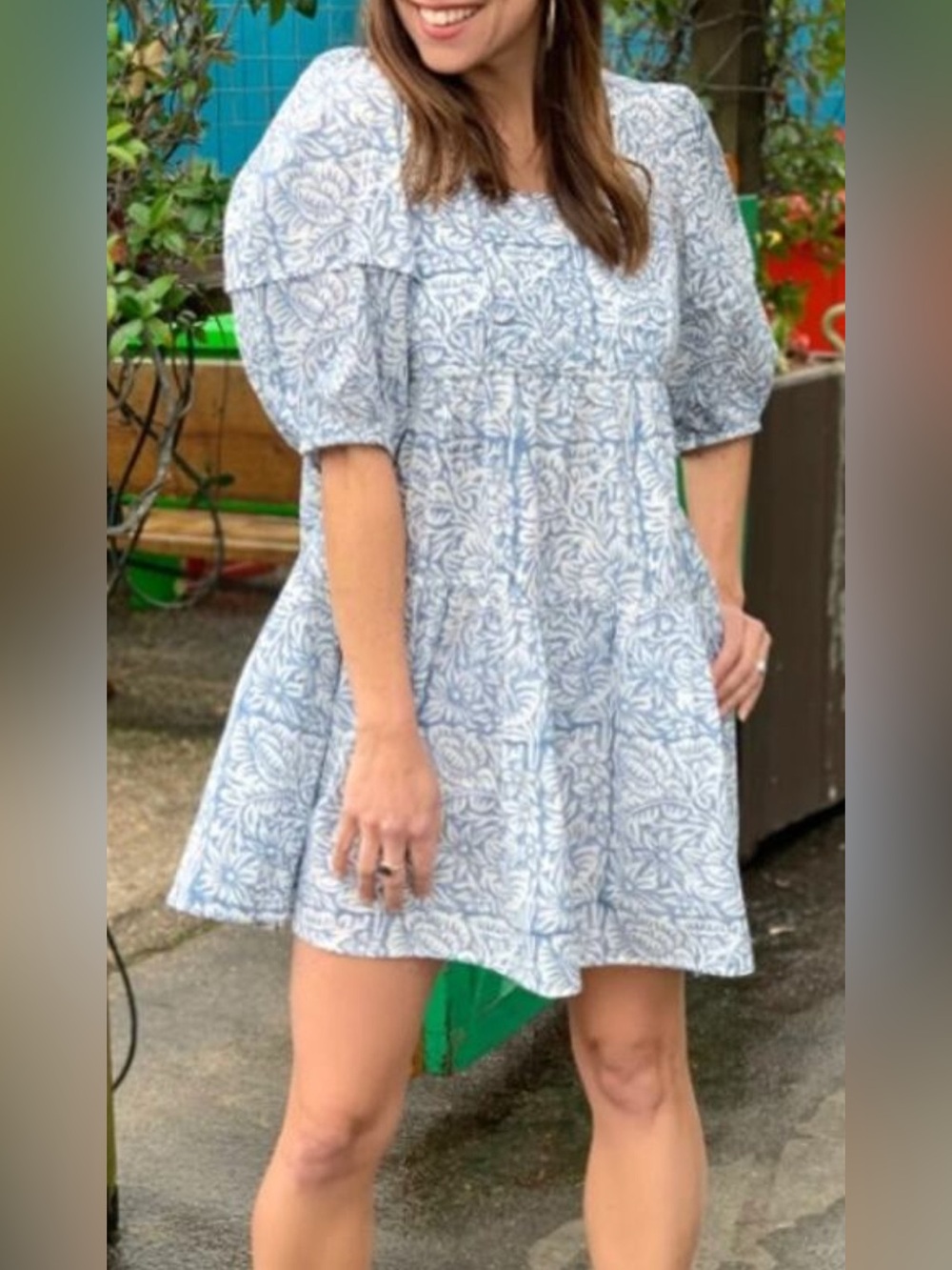 Blue and White Floral Square-Neck Mini Dress